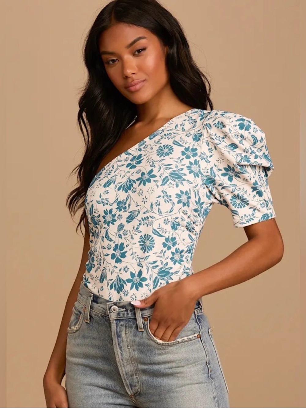 Free People Floral One-Shoulder Bodysuit in Teal and Cream